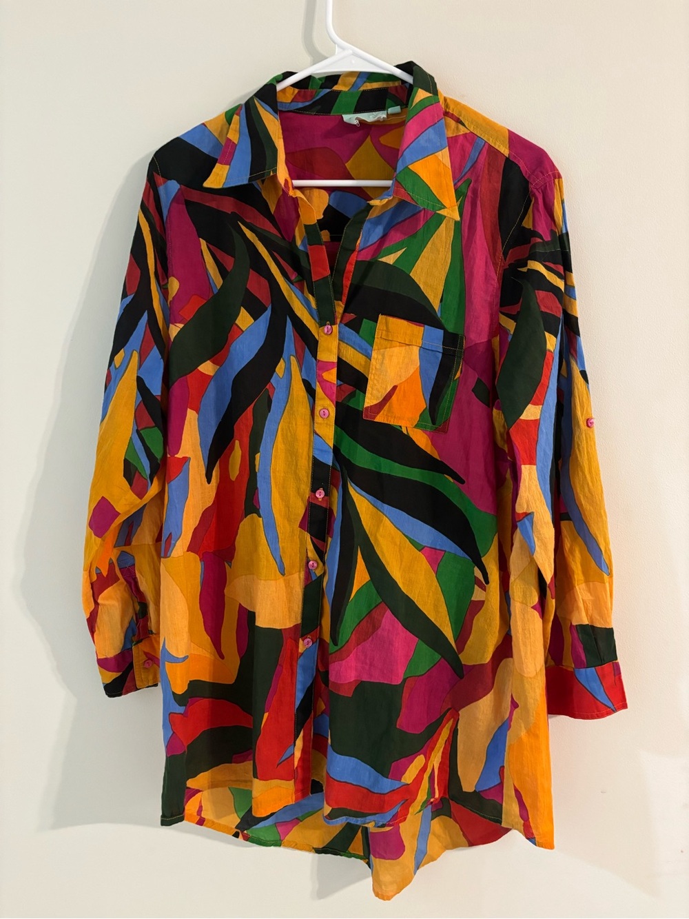 True Destinations Color block Floral Beach Cover Up Button-Up Shirt - Large